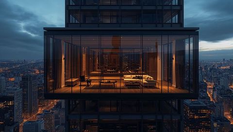 Glowing cantilevered penthouse projecting from glass facade at dusk showcasing luxury living