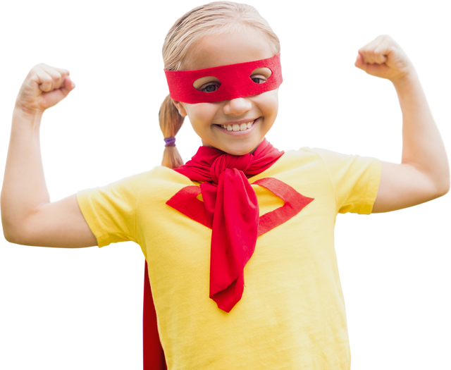 Smiling Girl Wearing Red Superhero Costume Displaying Strength Transparent - Download Free Stock Videos Pikwizard.com