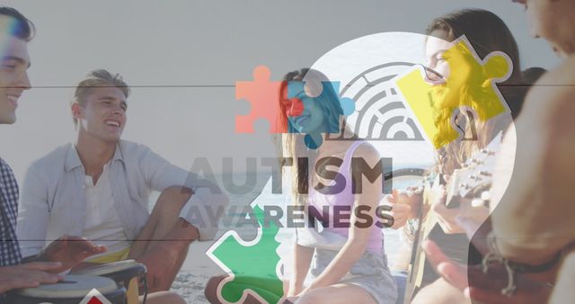 Group of Friends Enjoying Beach Party with Autism Awareness Overlay - Download Free Stock Images Pikwizard.com