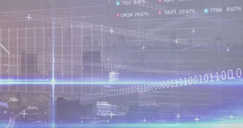 Neon Data Stream Over Urban Skyline Showing Binary Code, Chart Grid and HUD Elements