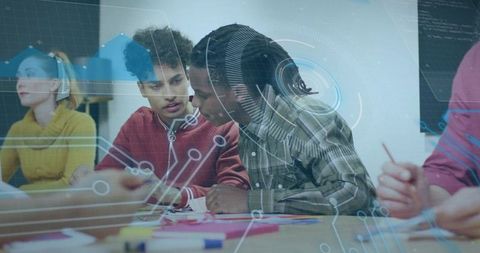 Students collaborating with augmented reality interface for classroom brainstorming, teamwork