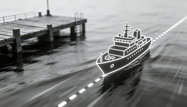 Neon outline vessel tracing dotted navigation path over monochrome harbor water with pier