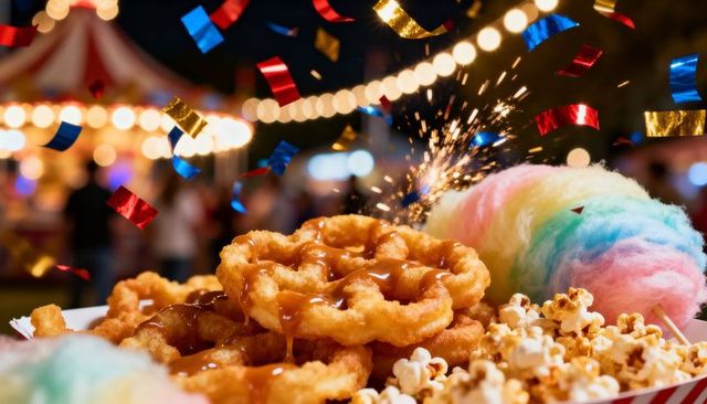 Caramel-dripping funnel cake with cotton candy, popcorn and sparkler at night carnival
