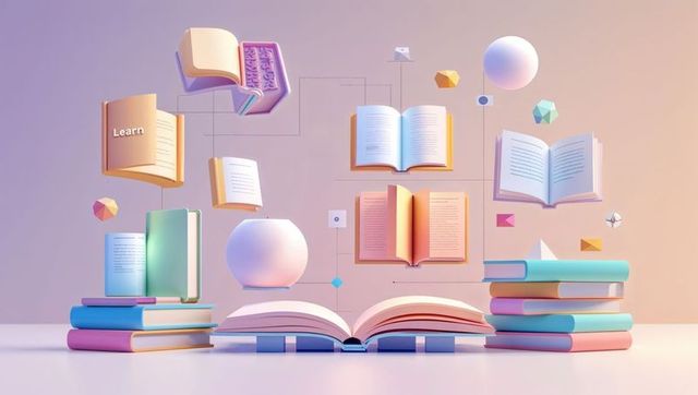 Floating books and geometric shapes in digital educational concept