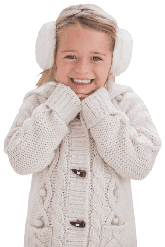 Cheerful girl wearing earmuffs and knit sweater transparent background
