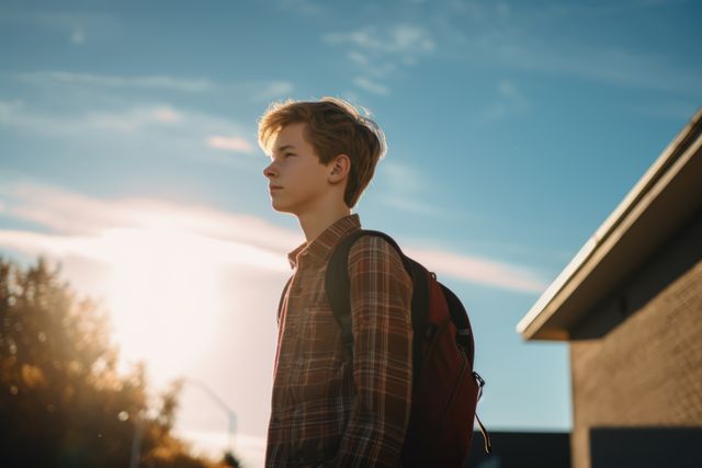 Teen boy stands confidently under the warm sunlight, wearing a plaid shirt and carrying a backpack. Sun sets behind, casting a gentle glow. Perfect for educational content, back-to-school themes, or teenage lifestyle advertisements.