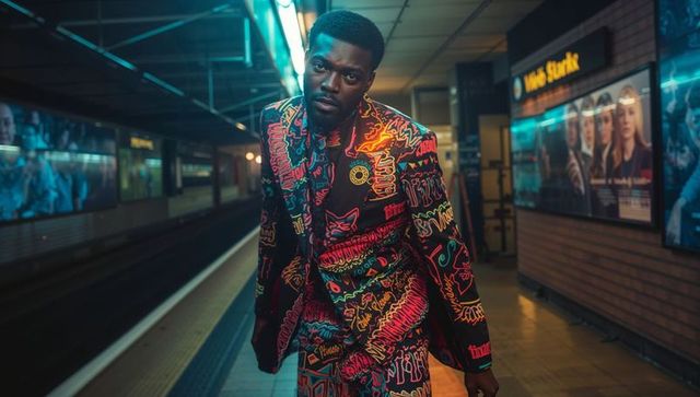 Urban fashion statement with neon graffiti suit on subway platform