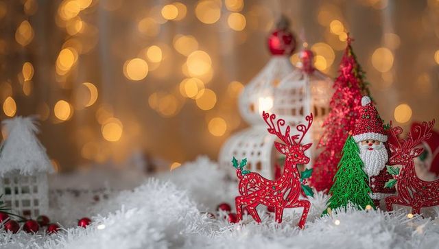 Festive red reindeer and Santa vignette on snowy tabletop with warm bokeh glow