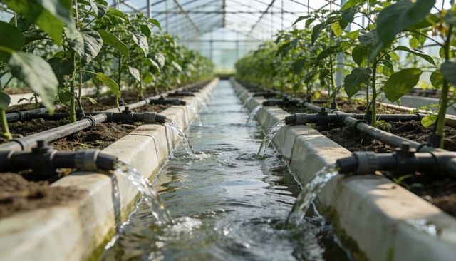 Greenhouse irrigation channel supplying drip lines to young vegetable seedlings for modern agtech