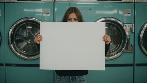 Woman holding blank poster in laundromat with teal washers