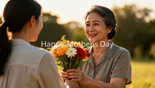 Smiling mother receiving bouquet from daughter in sunlit meadow for mother's day