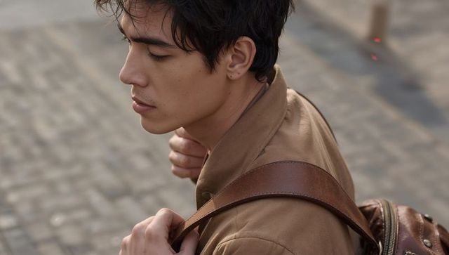 Young Asian man holding backpack strap looking down on cobblestone street urban portrait