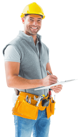 transparent smiling handyman with tool belt and clipboard - Download Free Stock Videos Pikwizard.com