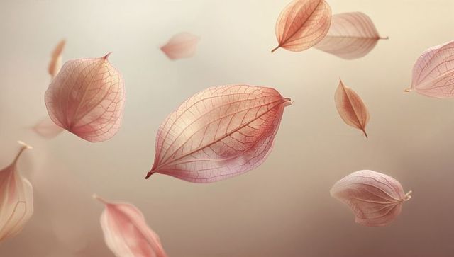Translucent veined pink leaves floating over warm pastel gradient botanical abstract