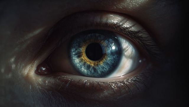 Hyperreal macro close-up blue-gray human iris with golden ring and glossy tear film