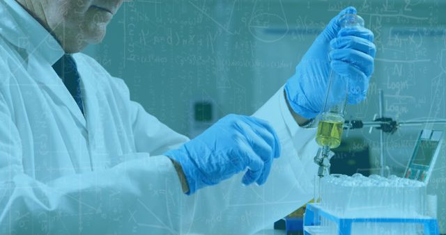 Image of mathematical and scientific formulae over male scientist using test tubes in laboratory. science research and medicine concept digitally generated image.