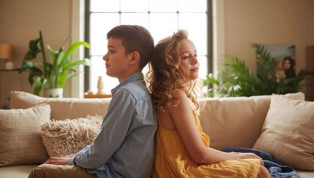 Siblings sitting back-to-back on cozy sofa with warm window light and indoor plants