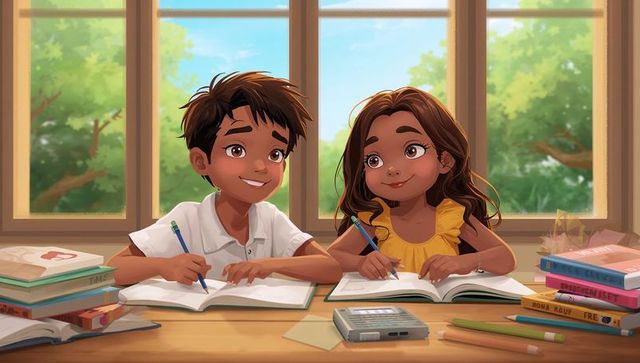 Sunlit kids studying together at window desk, boy in white polo and girl in yellow top