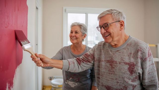 Senior couple painting interior wall red together enjoying diy home renovation project