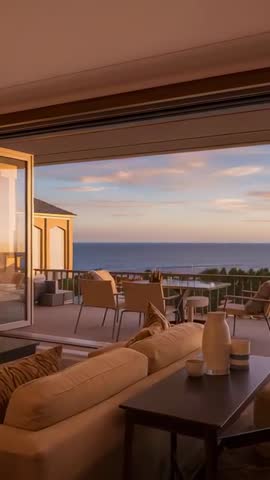 Vertical video panning across beige sofa to ocean-view terrace at golden hour