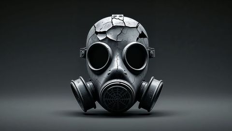 Apocalyptic cracked gas mask with dual filters on dark table