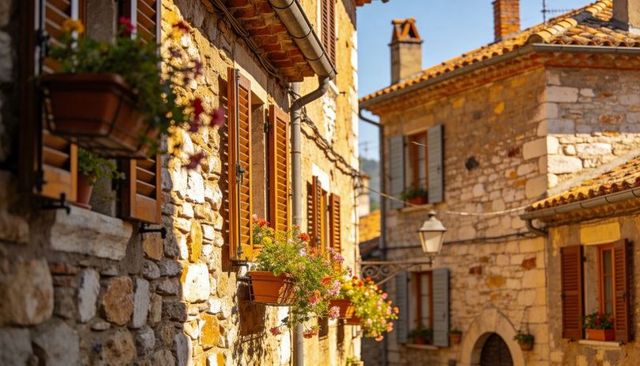 Sunlit Mediterranean stone lane with wooden shutters and overflowing flower planters