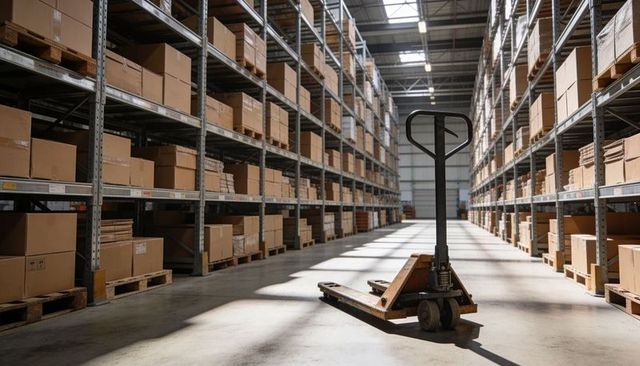 Manual pallet jack occupying sunlit warehouse aisle with stacked cardboard pallets