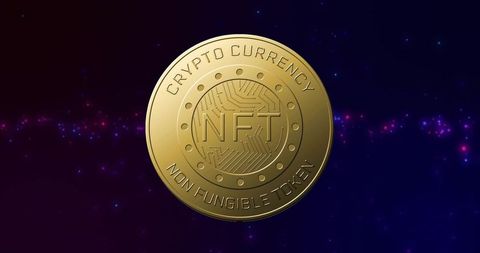 Floating gold nft coin gleaming in purple nebula background with circuit detail