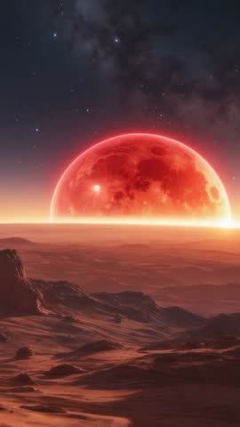 Vertical sci-fi video of red planet rising over alien desert with star field and nebula