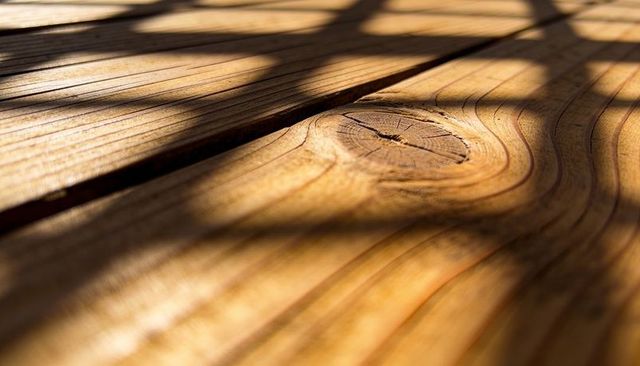 Sunlit Wooden Deck Close-Up Showing Knot and Warm Grain with Diagonal Shadow Pattern Macro