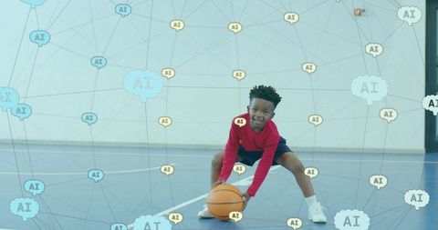 Young Athlete Practicing Basketball with AI Digital Overlay