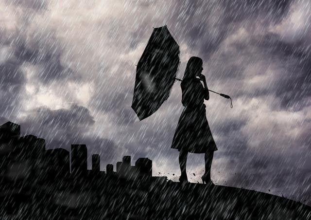 Digitally generated image of woman holding an umbrella in rain against cityscape background