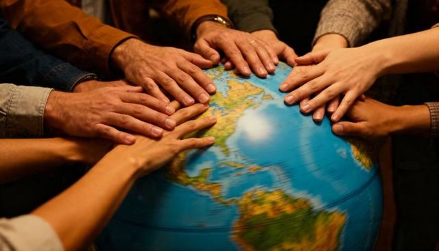 Hands touching globe representing global collaboration, diversity, teamwork, strategy