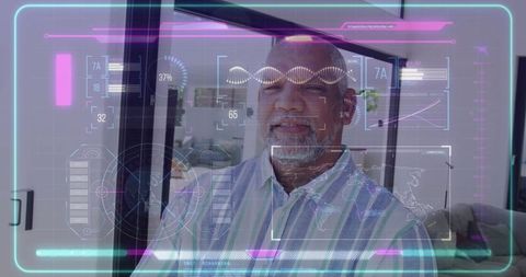 Man analyzing futuristic holographic interface in modern living space