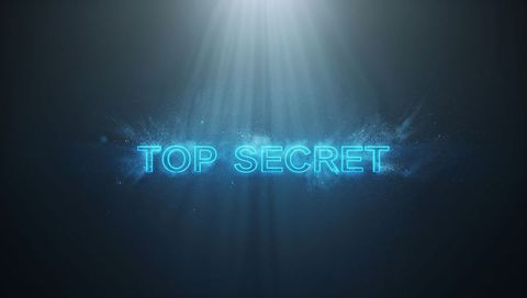 Cyan Neon TOP SECRET Futuristic Glowing Text with Particle Burst and Spotlight