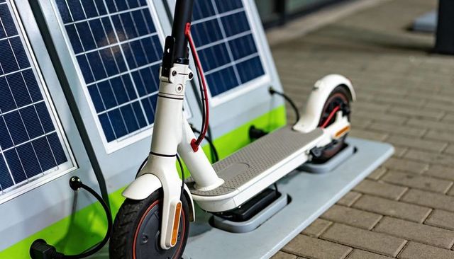 White electric scooter charging at solar dock on urban sidewalk for shared micromobility