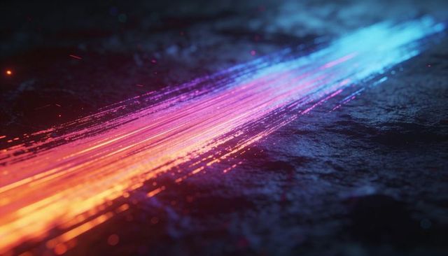 Neon energy trail cutting across wet metallic surface with sparks and bokeh glow