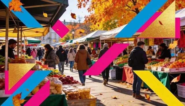 Autumn farmers market with walking shoppers browsing colorful produce under canopy stalls