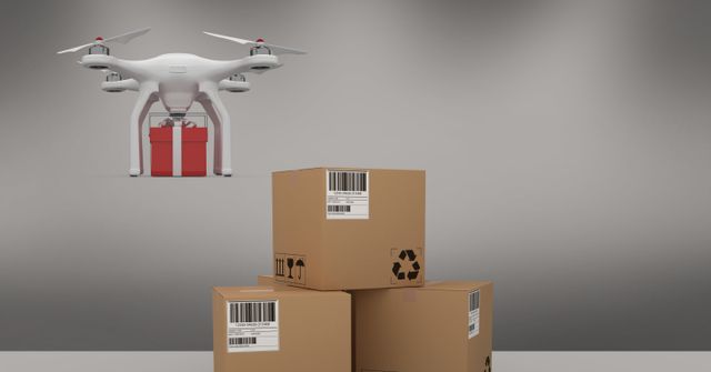 Delivery drone engaging in modern methods of transporting packages above stacked cardboard boxes. Ideal for illustrating concepts of future logistics, shipping technology, aerial courier services, and advanced delivery systems. This concept signifies technological advancement in distribution and efficient global business solutions.