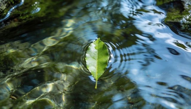 Floating green leaf creating concentric ripples on clear shallow stream with mossy rocks