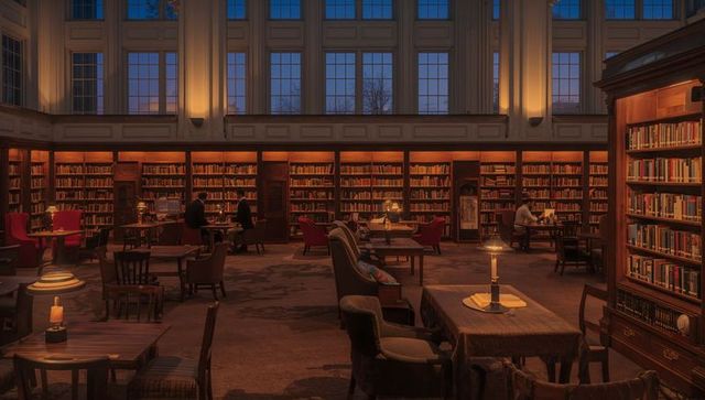 Glowing amber library reading room casting warm light over vintage desks and bookshelves