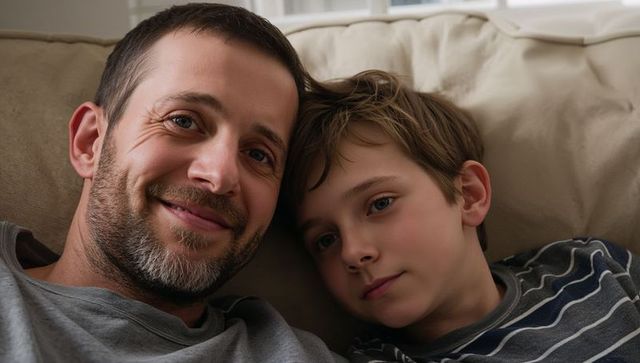 Smiling father and son relaxing together on cozy beige sofa sharing quiet bonding moment