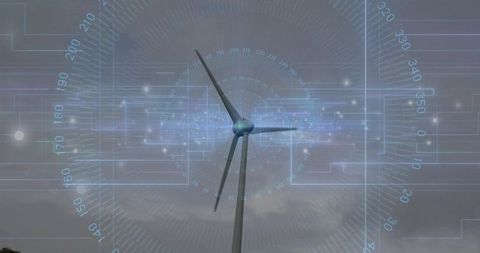 Wind Turbine with Digital Interface Overlay and Cloudy Sky