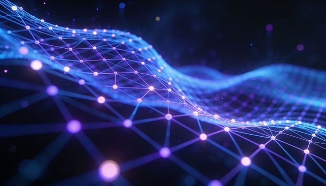 Undulating neon network mesh flowing with glowing nodes and futuristic digital depth