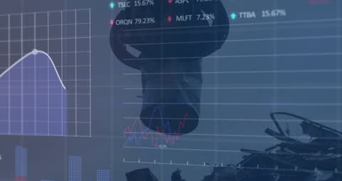 Financial Data Overlayed on Junkyard Machinery Scene