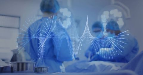 Modern Surgeons in Blue Attire with Digital DNA Overlay