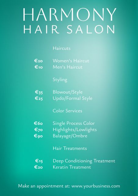 This hair salon service menu displays a sleek and elegant design with a calming teal background. It includes a list of hairstyling, coloring, and treatment services along with their prices. Perfect for beauty salons and spas to advertise their professional services. This template is ideal for use in promotional materials, social media, or on salon websites to attract clients and provide clear service information.