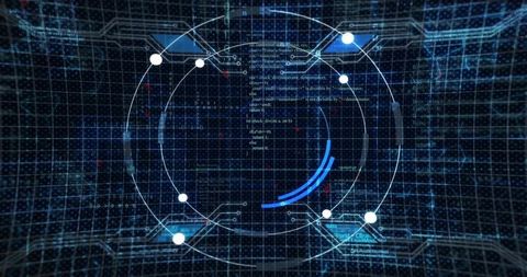 Futuristic holographic hud interface with rotating data rings, neon grid and code overlay