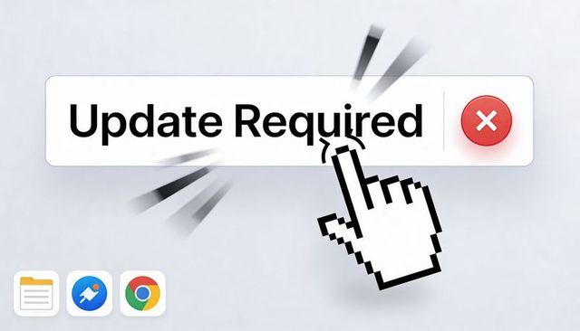 Pixel hand clicking update required alert with red close button on minimal desktop ui