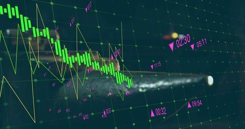 Declining green candlestick chart with neon grid and comet trail visualizing market volatility